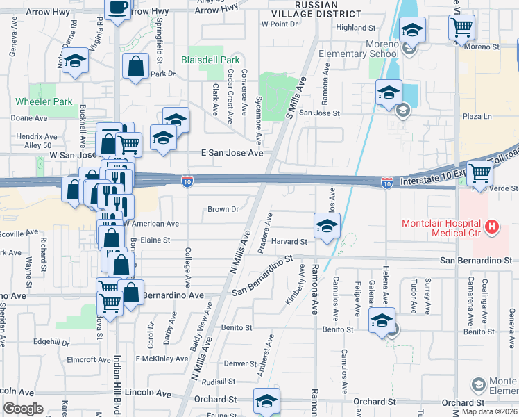 map of restaurants, bars, coffee shops, grocery stores, and more near 188 Brown Drive in Claremont