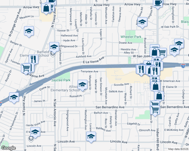 map of restaurants, bars, coffee shops, grocery stores, and more near 2050 Marigold Street in Pomona