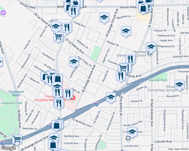 map of restaurants, bars, coffee shops, grocery stores, and more near 1988 North Orange Grove Avenue in Pomona