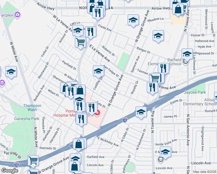 map of restaurants, bars, coffee shops, grocery stores, and more near 237 San Juan Street in Pomona