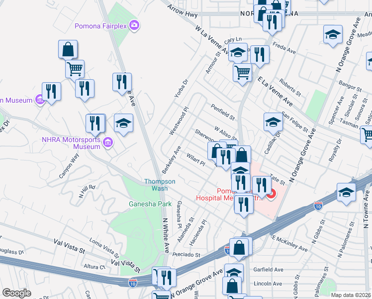 map of restaurants, bars, coffee shops, grocery stores, and more near 278 Wilart Place in Pomona