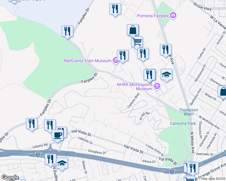map of restaurants, bars, coffee shops, grocery stores, and more near 1328 El Paraiso Drive in Pomona