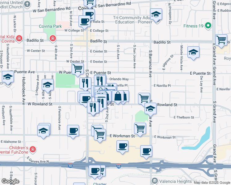 map of restaurants, bars, coffee shops, grocery stores, and more near 529 1/2 South Eremland Drive in Covina