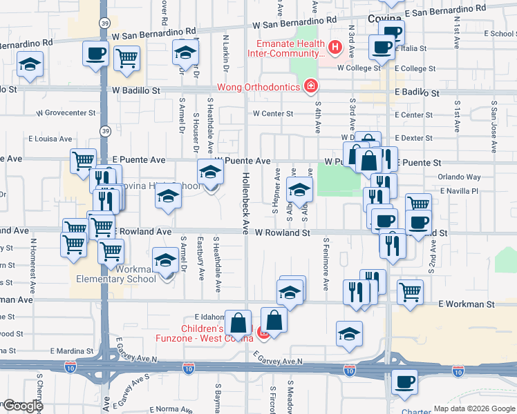 map of restaurants, bars, coffee shops, grocery stores, and more near 550 South Hollenbeck Avenue in Covina