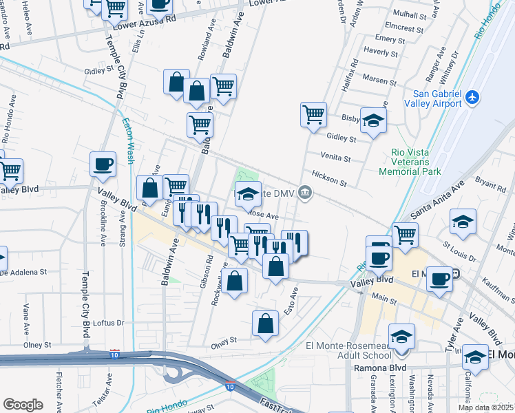 map of restaurants, bars, coffee shops, grocery stores, and more near 4020 Gibson Road in El Monte