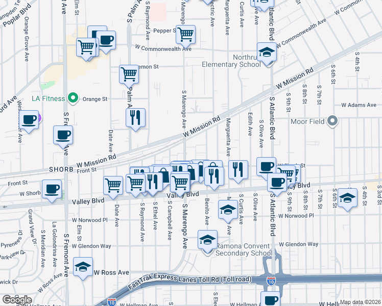 map of restaurants, bars, coffee shops, grocery stores, and more near 1024 South Marengo Avenue in Alhambra