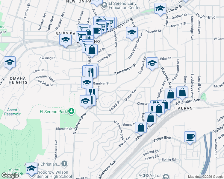 map of restaurants, bars, coffee shops, grocery stores, and more near 3015 Chadwick Drive in Los Angeles