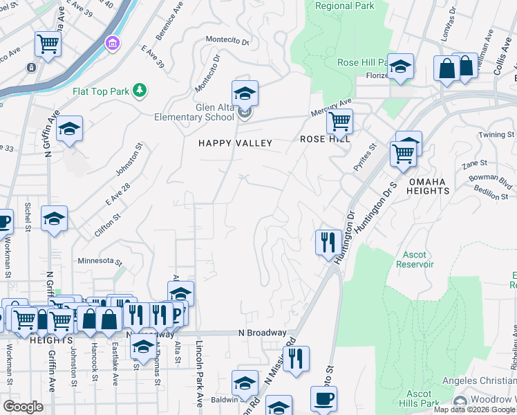 map of restaurants, bars, coffee shops, grocery stores, and more near 2024 Amethyst Street in Los Angeles