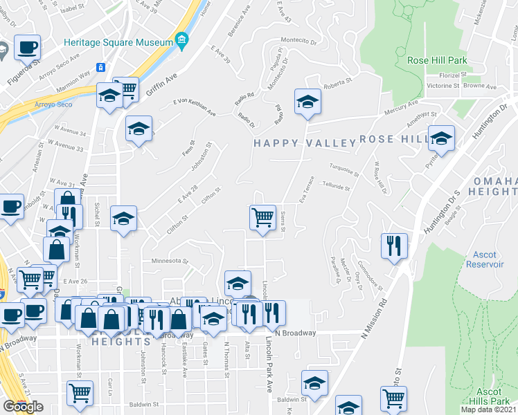map of restaurants, bars, coffee shops, grocery stores, and more near 2915 Lincoln Park Avenue in Los Angeles