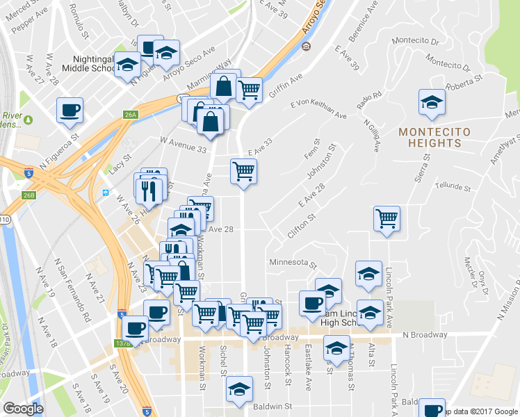 map of restaurants, bars, coffee shops, grocery stores, and more near 2828 Johnston Street in Los Angeles
