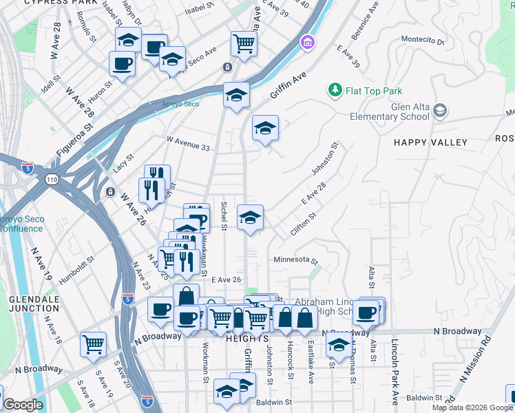 map of restaurants, bars, coffee shops, grocery stores, and more near 2841 Johnston Street in Los Angeles