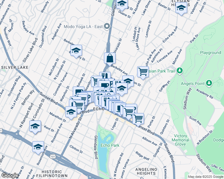 map of restaurants, bars, coffee shops, grocery stores, and more near 1412 North Glendale Boulevard in Los Angeles