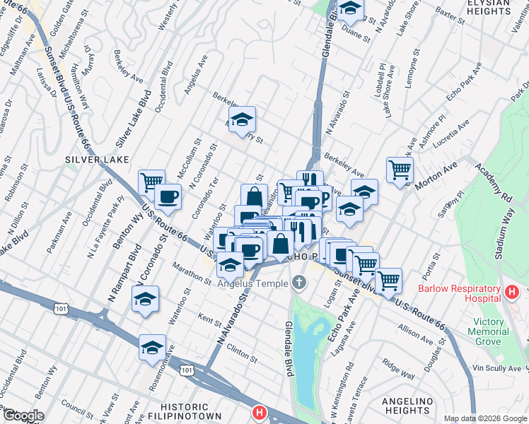 map of restaurants, bars, coffee shops, grocery stores, and more near 1322 Allesandro Street in Los Angeles