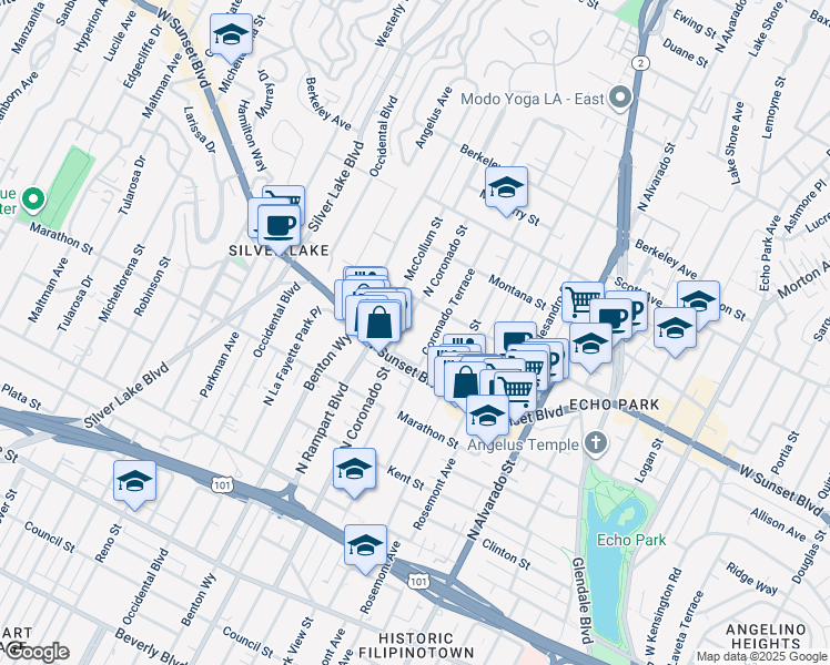 map of restaurants, bars, coffee shops, grocery stores, and more near 1133 Coronado Terrace in Los Angeles