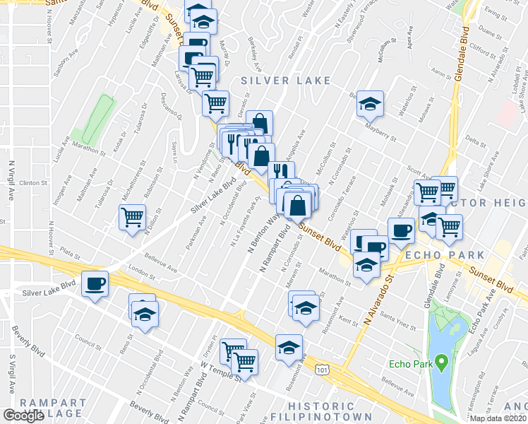 map of restaurants, bars, coffee shops, grocery stores, and more near 824 North La Fayette Park Place in Los Angeles