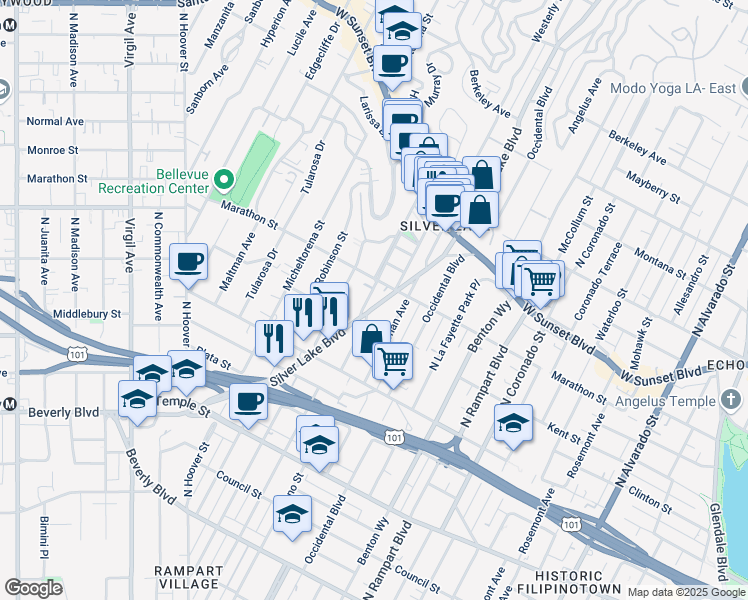 map of restaurants, bars, coffee shops, grocery stores, and more near 723 Silver Lake Boulevard in Los Angeles