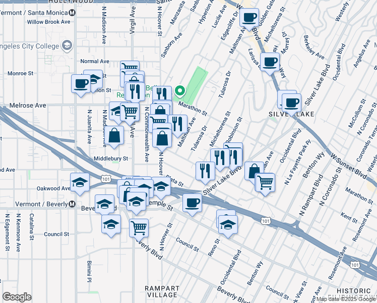 map of restaurants, bars, coffee shops, grocery stores, and more near 3513 Bellevue Avenue in Los Angeles