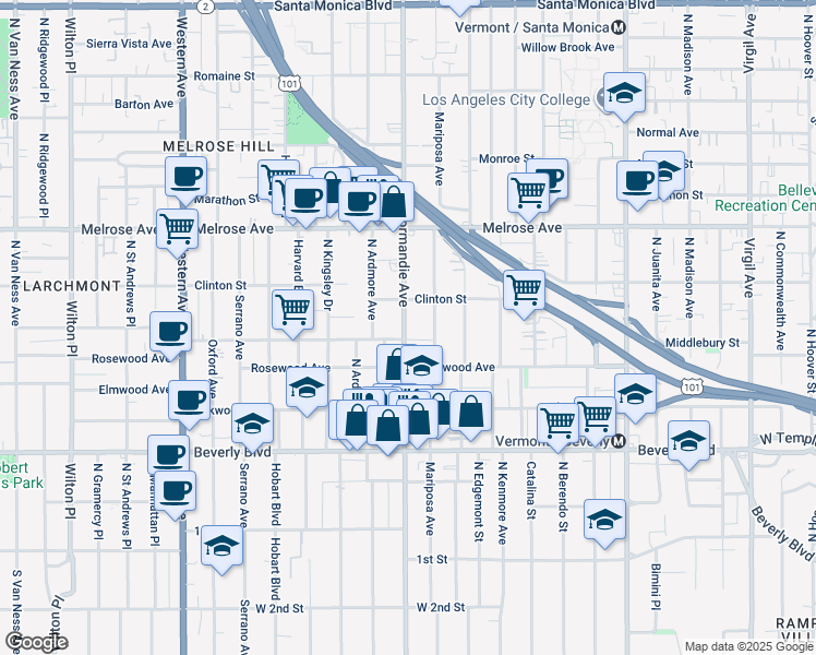 map of restaurants, bars, coffee shops, grocery stores, and more near 505 North Normandie Avenue in Los Angeles
