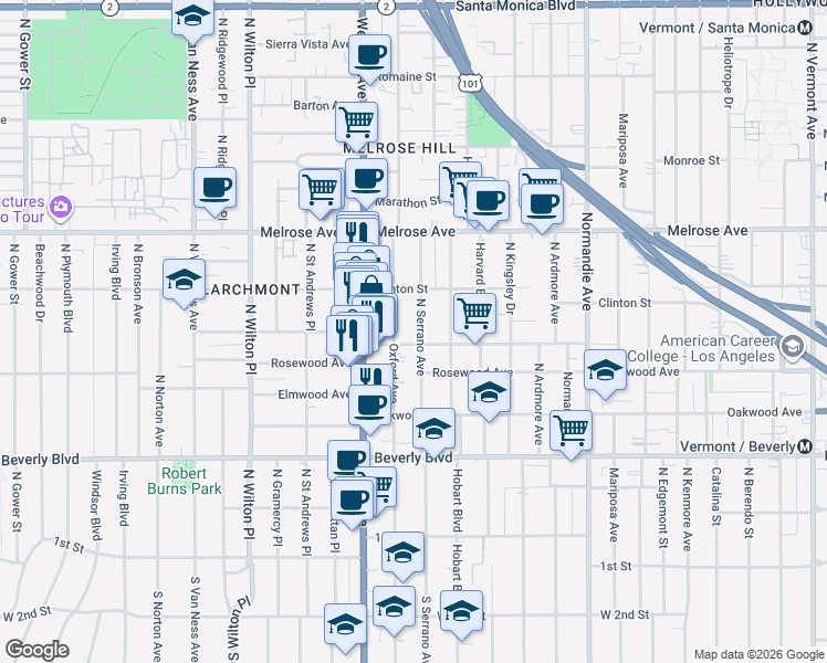 map of restaurants, bars, coffee shops, grocery stores, and more near 502 North Serrano Avenue in Los Angeles