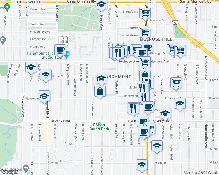 map of restaurants, bars, coffee shops, grocery stores, and more near 5100 West Maplewood Avenue in Los Angeles