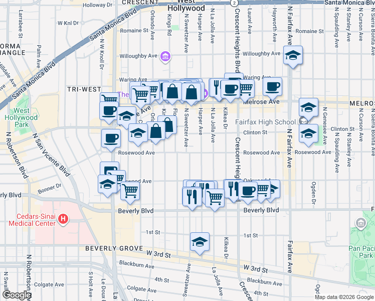 map of restaurants, bars, coffee shops, grocery stores, and more near 465 North Harper Avenue in Los Angeles