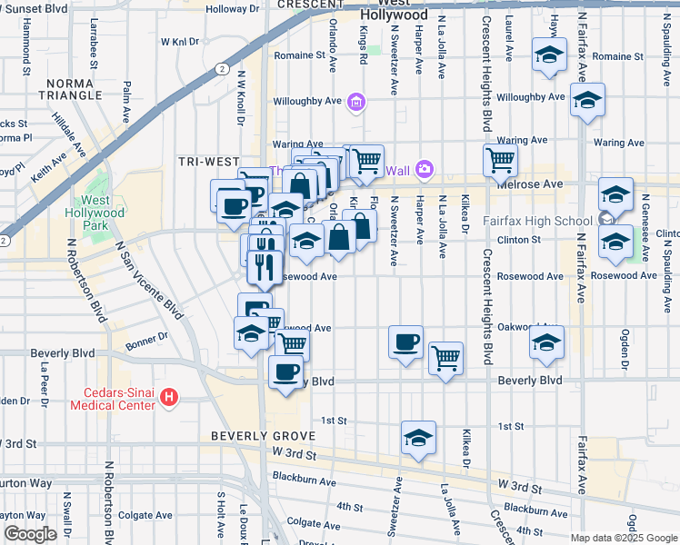 map of restaurants, bars, coffee shops, grocery stores, and more near 469 North Kings Road in Los Angeles