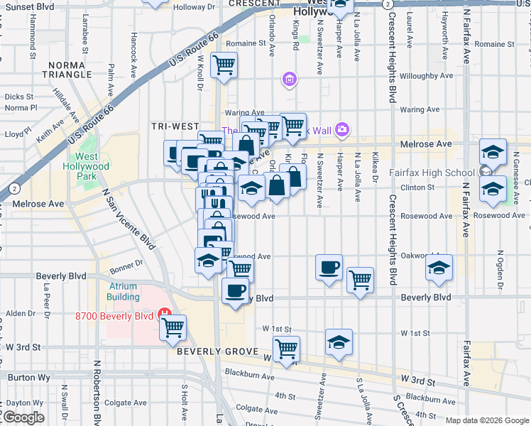 map of restaurants, bars, coffee shops, grocery stores, and more near 468 North Croft Avenue in Los Angeles