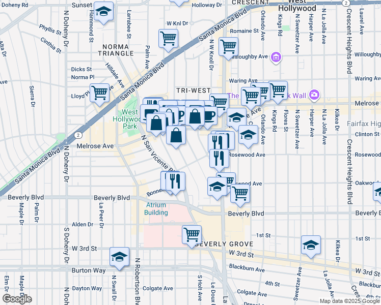 map of restaurants, bars, coffee shops, grocery stores, and more near 502 Huntley Drive in West Hollywood