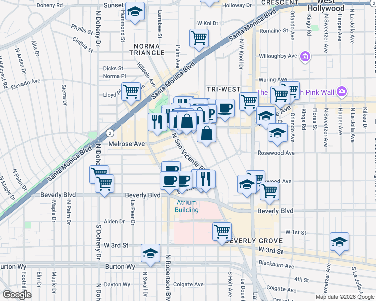 map of restaurants, bars, coffee shops, grocery stores, and more near 507 Norwich Drive in West Hollywood