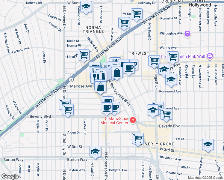 map of restaurants, bars, coffee shops, grocery stores, and more near 8717 Dorrington Avenue in West Hollywood