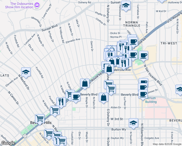 map of restaurants, bars, coffee shops, grocery stores, and more near 507 Alta Drive in Beverly Hills