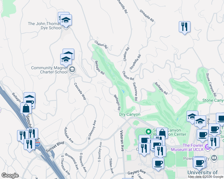 map of restaurants, bars, coffee shops, grocery stores, and more near 10971 Bellagio Road in Los Angeles