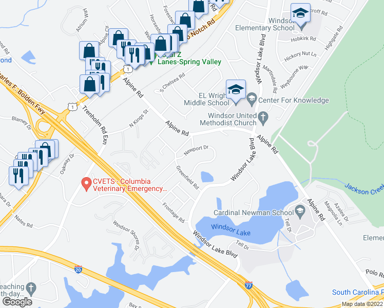 map of restaurants, bars, coffee shops, grocery stores, and more near 78 Newport Drive in Columbia