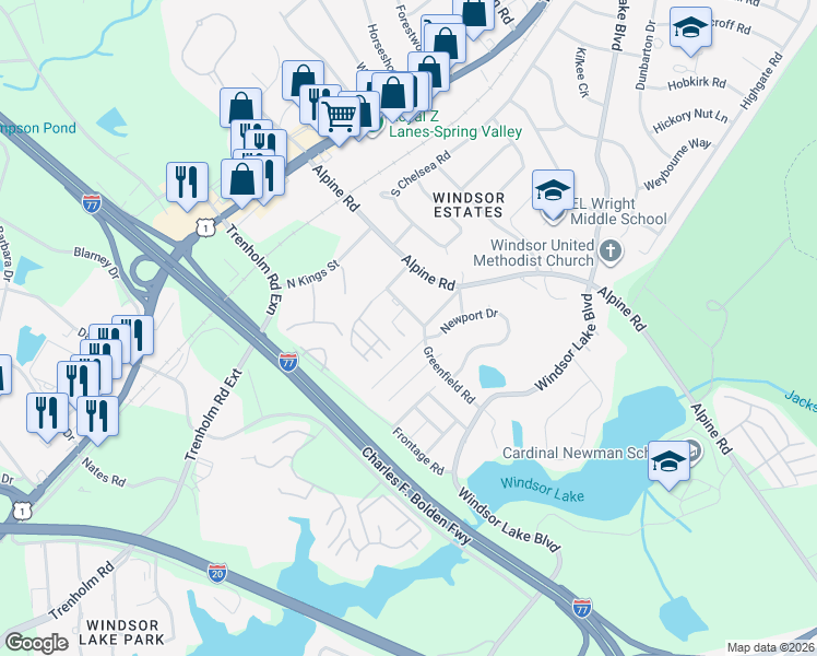 map of restaurants, bars, coffee shops, grocery stores, and more near 100 Calloway Court in Columbia