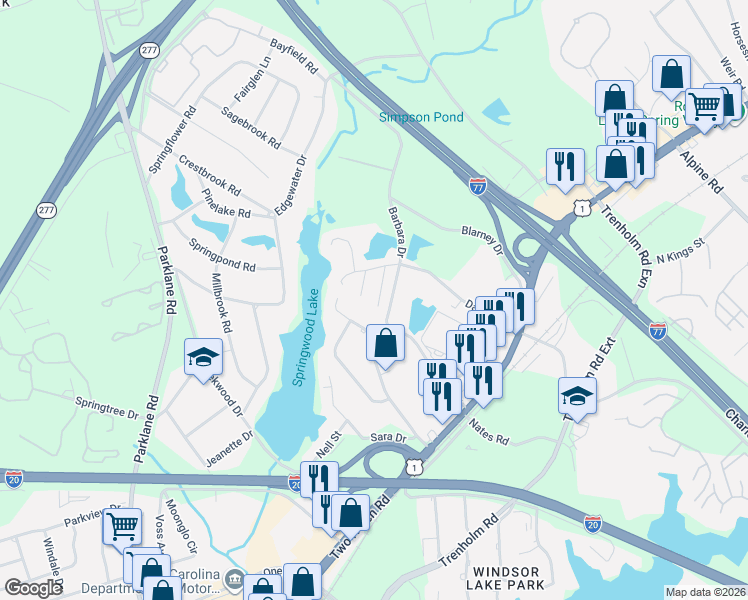 map of restaurants, bars, coffee shops, grocery stores, and more near 124 Lindevon Lane in Columbia