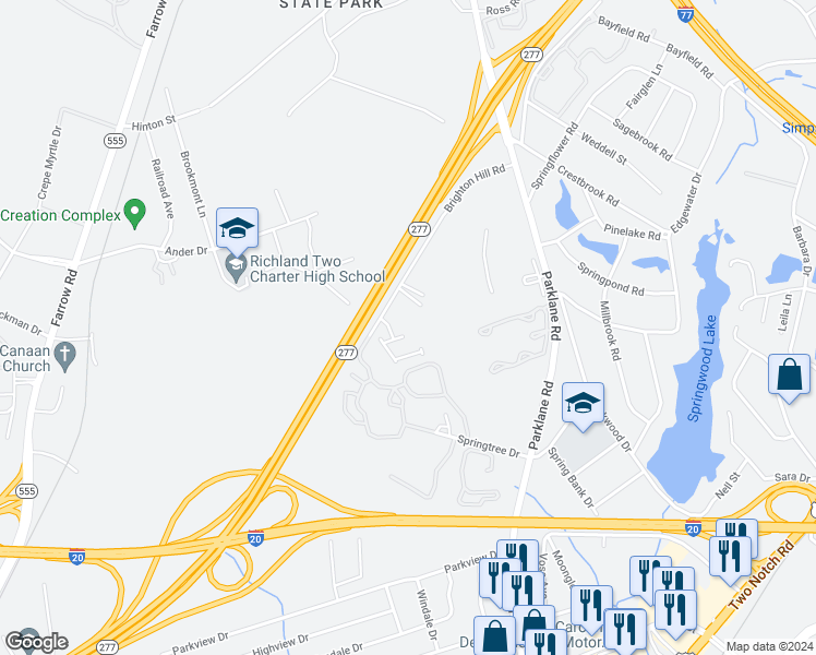 map of restaurants, bars, coffee shops, grocery stores, and more near 100 Brighton Hill Road in Columbia