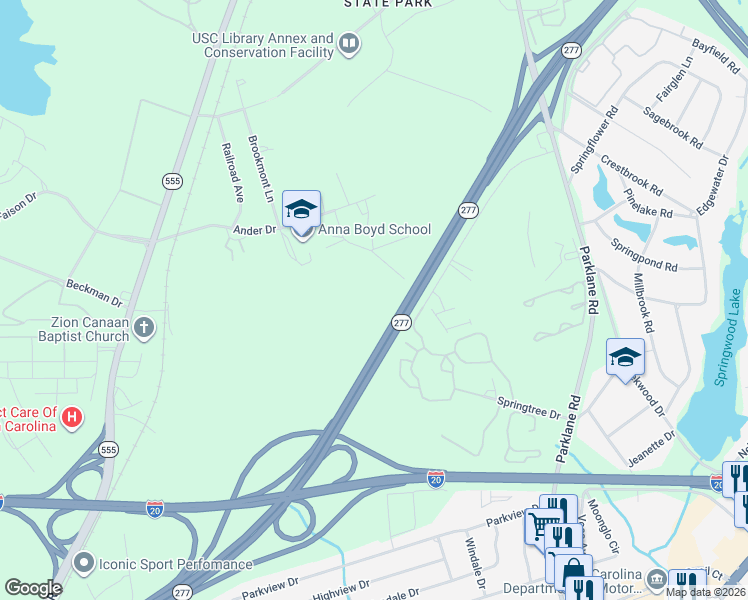 map of restaurants, bars, coffee shops, grocery stores, and more near South Carolina 277 in Columbia