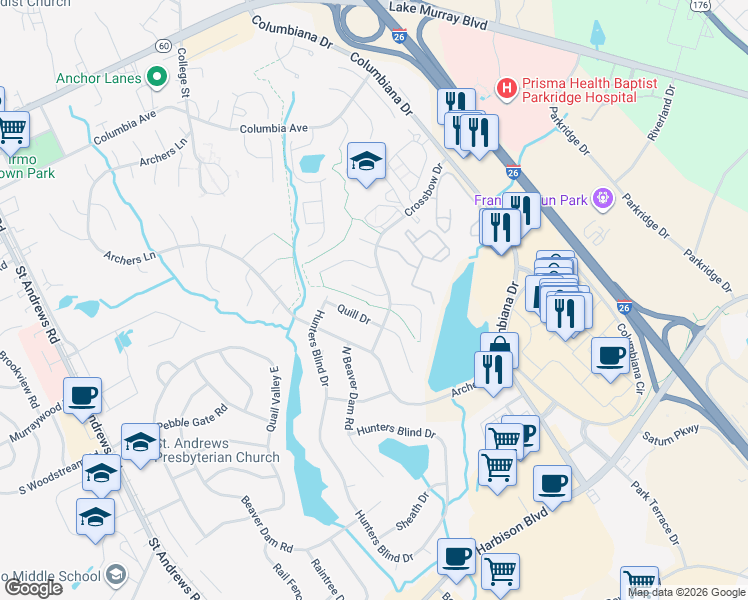 map of restaurants, bars, coffee shops, grocery stores, and more near 1 Crossbow Lakes Court in Columbia