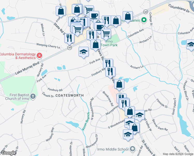 map of restaurants, bars, coffee shops, grocery stores, and more near 206 Bosworth Field Court in Columbia