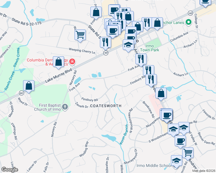 map of restaurants, bars, coffee shops, grocery stores, and more near 112 Deptford Drive in Columbia
