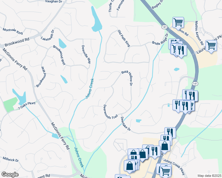 map of restaurants, bars, coffee shops, grocery stores, and more near 5975 Deerwoods Trail in Alpharetta