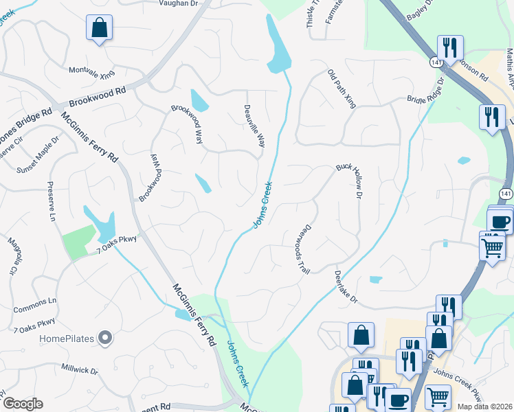 map of restaurants, bars, coffee shops, grocery stores, and more near 8005 Brookwood Way in Cumming