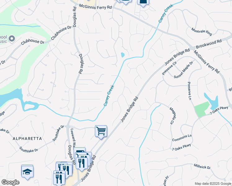 map of restaurants, bars, coffee shops, grocery stores, and more near 12350 Stevens Creek Drive in Alpharetta