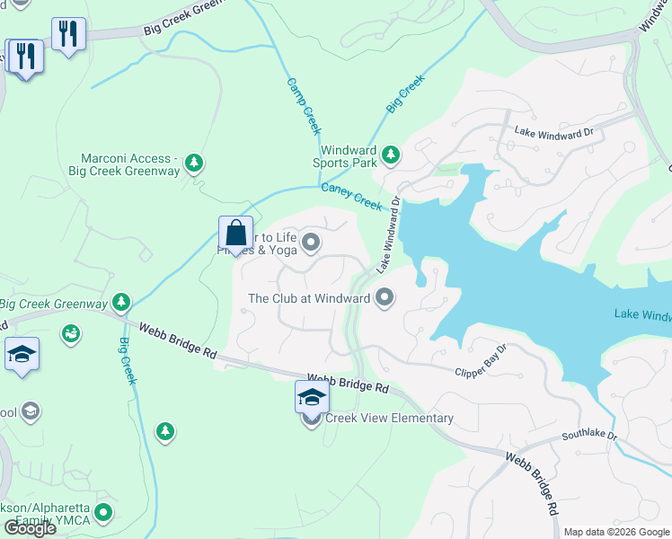 map of restaurants, bars, coffee shops, grocery stores, and more near 710 Willow Overlook in Alpharetta
