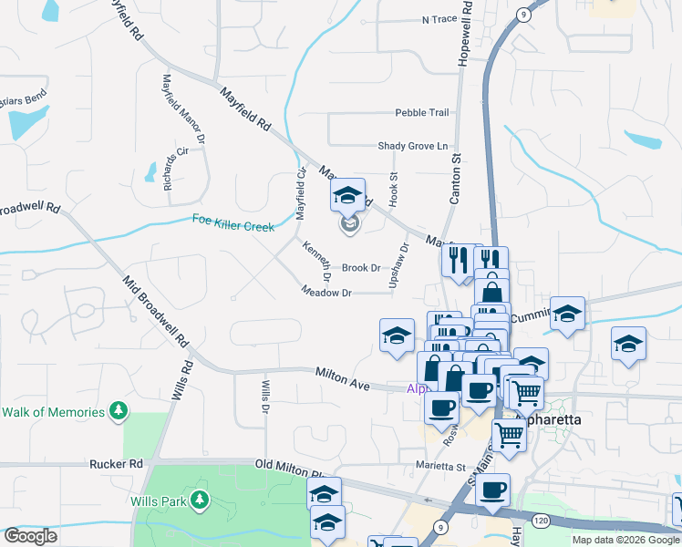 map of restaurants, bars, coffee shops, grocery stores, and more near 229 Meadow Drive in Alpharetta