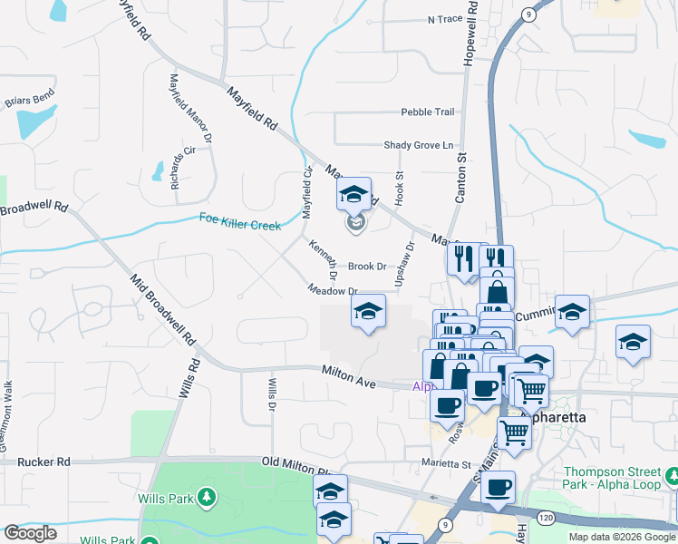 map of restaurants, bars, coffee shops, grocery stores, and more near 162 Kenneth Drive in Alpharetta