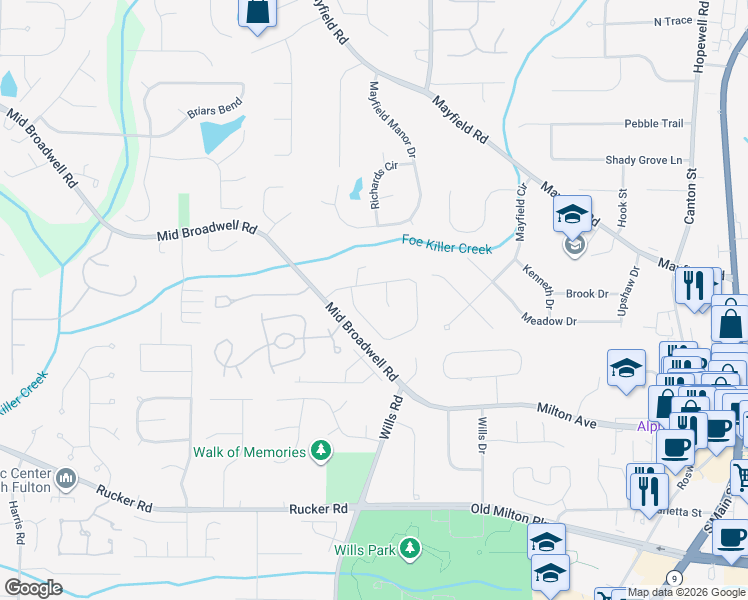 map of restaurants, bars, coffee shops, grocery stores, and more near 1895 Broadwell Oaks Drive in Alpharetta