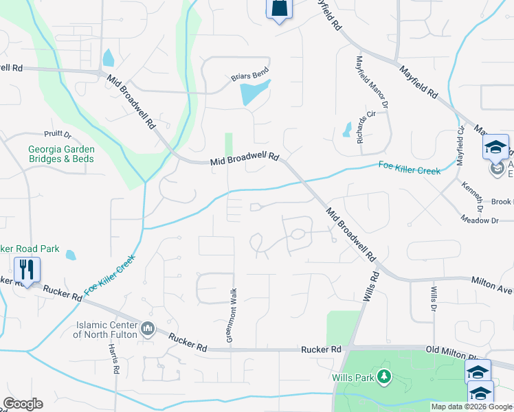 map of restaurants, bars, coffee shops, grocery stores, and more near 3079 Steeplechase Drive in Alpharetta