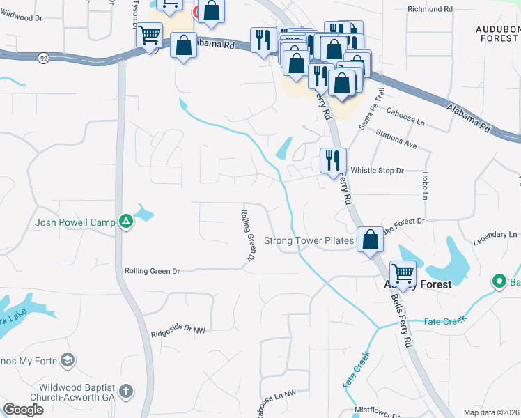 map of restaurants, bars, coffee shops, grocery stores, and more near 5283 Ferry Creek Lane in Acworth