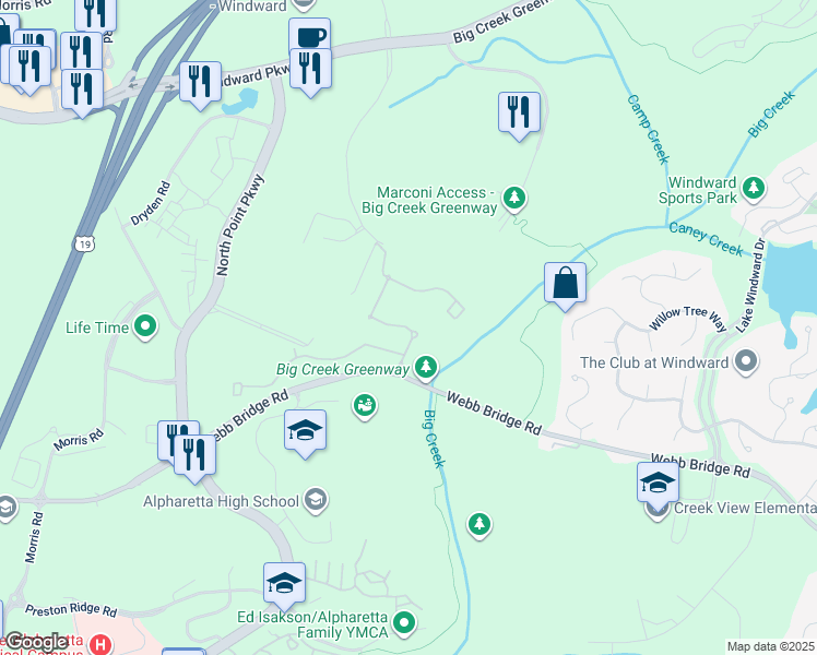 map of restaurants, bars, coffee shops, grocery stores, and more near 3598 Strath Drive in Alpharetta